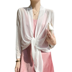 网纱v领开衫薄款女外套针织空调衫防晒配吊带裙外搭长袖上衣披肩，女装蕾丝衫/雪纺衫，圣丽羊绒