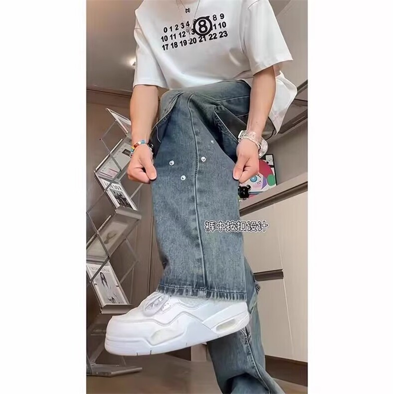 美式复古排扣牛仔裤阔腿宽松潮男裤直筒修身微喇叭裤AM1100P49,男装牛仔裤,星座1013-5