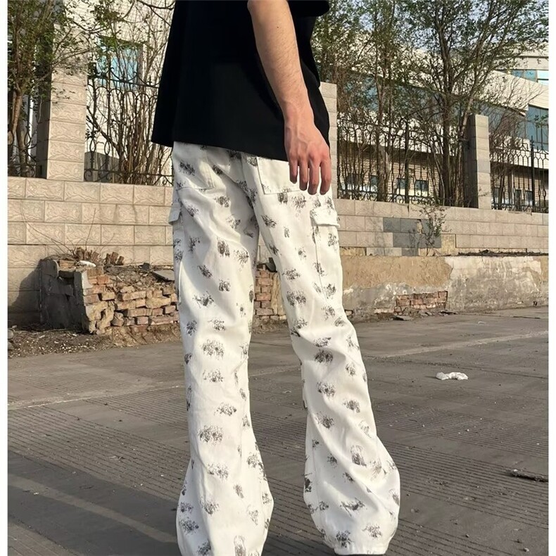 美式风泼墨印花直筒牛仔裤男女高街潮流休闲垂感百搭阔腿裤子,男装牛仔裤,星座506A