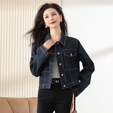 2023年春秋新款深蓝色正肩牛仔外套女长袖韩版显瘦夹克牛仔衣潮，女装短外套，梦懿尔
