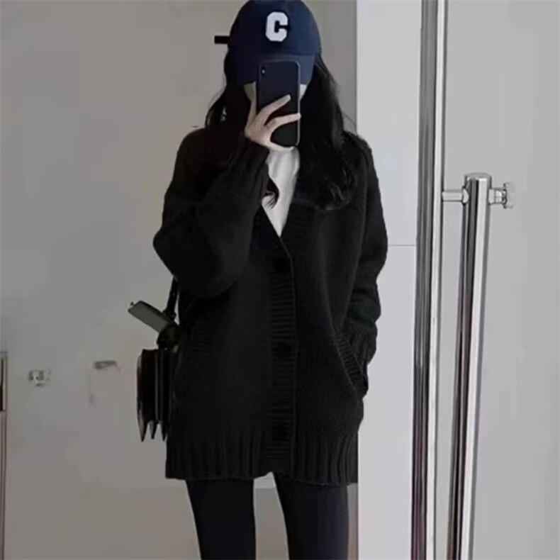 2025年秋季新款百搭女士长袖带兜系扣V领针织开衫,针织衫/毛衣,佑昭祥羊绒