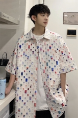 特批48无差价2023彩色破洞流苏方格衬衫男大码半袖衬衣CD848短袖，男装衬衫，电商A001-1