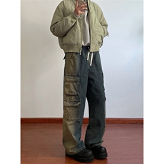 B221美式ins高街重工艺宽松做旧工装牛仔裤子LK23143-P80控108，男装牛仔裤，电商B221