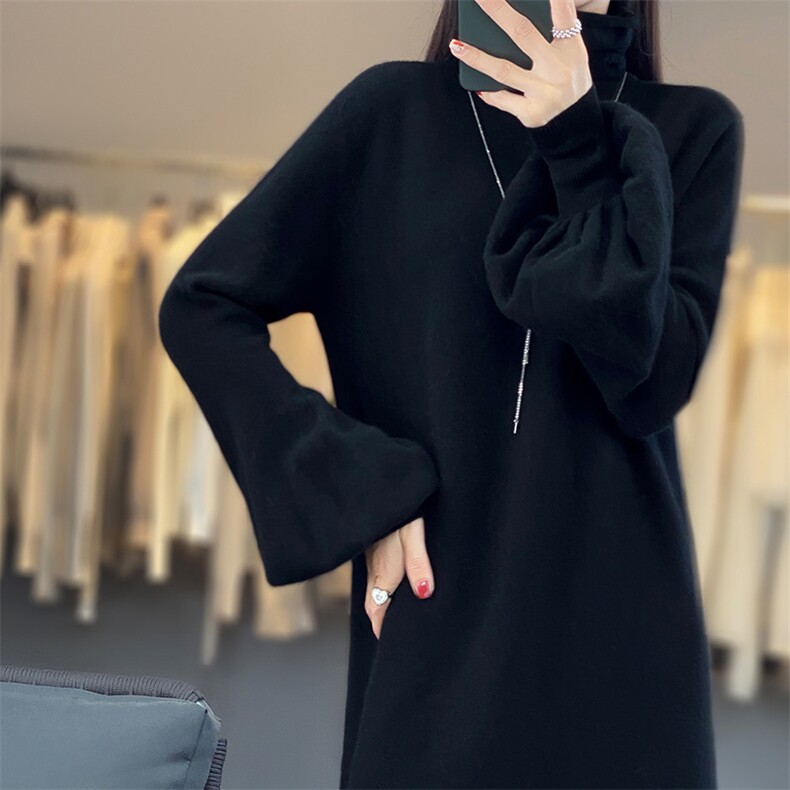 连衣裙女2024年秋季新款时尚高翻领灯笼袖长裙,女装连衣裙,盛鼎羊绒