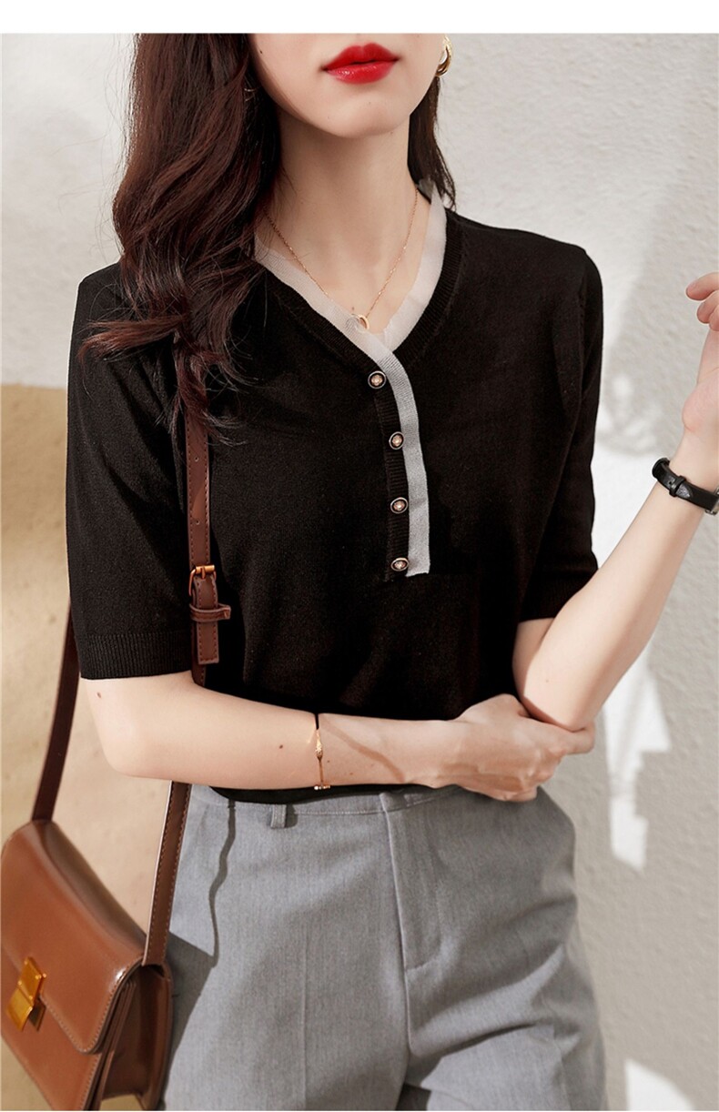 小香风冰丝针织短袖女V领气质薄款T恤圆领韩版宽松棉麻半袖上衣，女装针织衫/毛衣，雪真羊绒