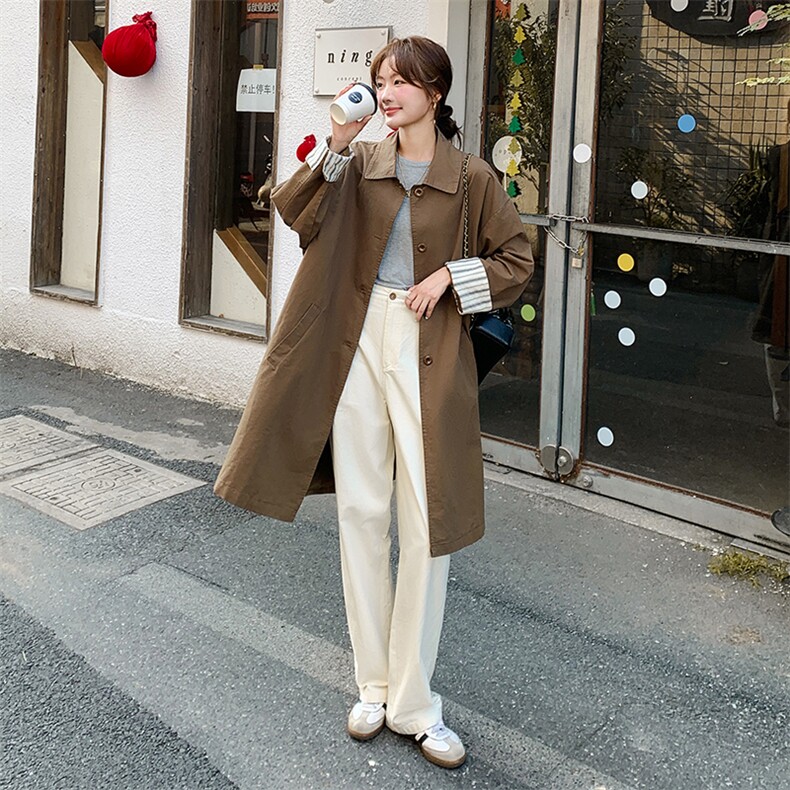 2025年新款条纹拼接中长款美拉德系休闲风衣,女装风衣,2C291