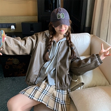 美式复古短款皮衣外套女2024秋季新款做旧减龄小个子炸街夹克上衣，女装皮衣，浙宝285（原212）