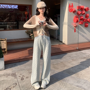 大码女装超仙遮肚子抽绳针织上衣春秋胖妹妹韩版V领长袖毛衣打底图片