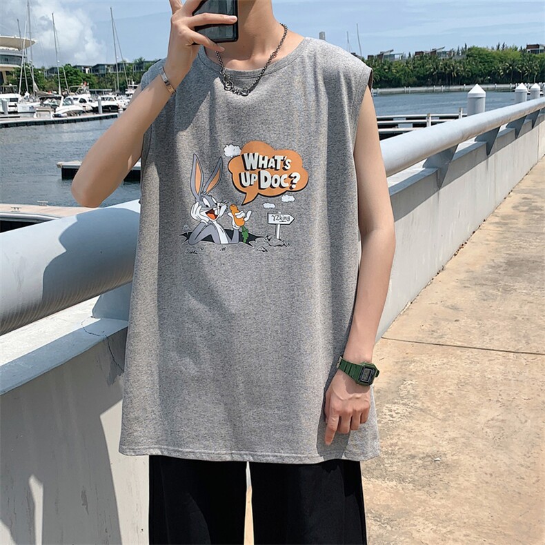 ！港风2023夏季无袖背心男加肥加大码宽松短袖T恤男BX280-P20图片