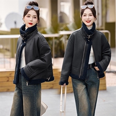 复古美式翻领羊羔毛外套女2024冬季小个子短款皮毛一体麂皮绒棉服，女装棉衣/棉服，奕可儿