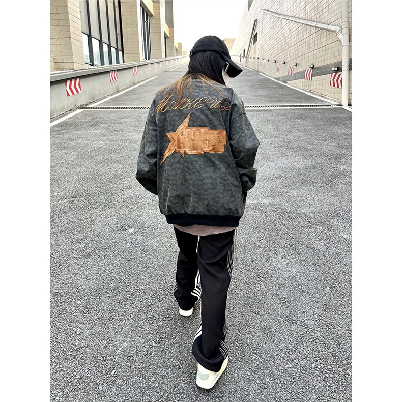 G90-P50秋冬美式街头复古水洗字母刺绣棒球服夹克男嘻哈宽松,男装T恤,电商B323A