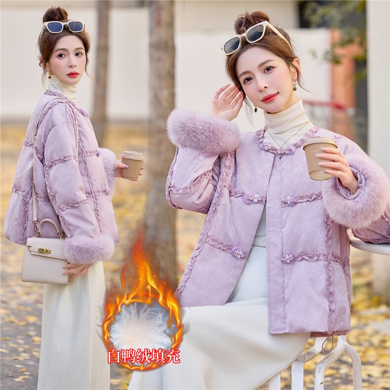 【bao款大货已出】2025冬装新款新中式提花蕾丝边羽绒外套狐狸毛,女装羽绒服,雅静靓衣
