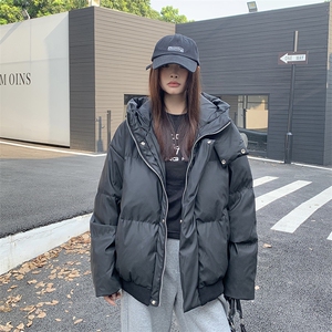 现货5W件冬季三防重磅boxy短款羽绒连帽PU皮棉衣外套防风加厚棉服图片