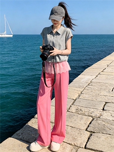 慵懒风时尚洋气套装女夏季新款蕾丝拼接短袖上衣阔腿裤两件套显瘦图片