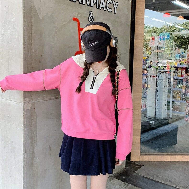 【现货】2025秋装韩版休闲减龄拼接短款卫衣2C056-2013-P95控148,女装卫衣/绒衫,2C056