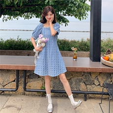 港风复古蓝色格子连衣裙女2025夏新款小个子宽松休闲泡泡袖A字裙，女装连衣裙，2C206