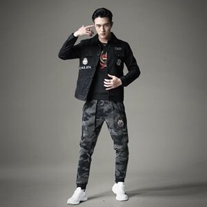2021秋冬新款潮男个性翻领排扣修身牛仔衣款货号1863-1图片