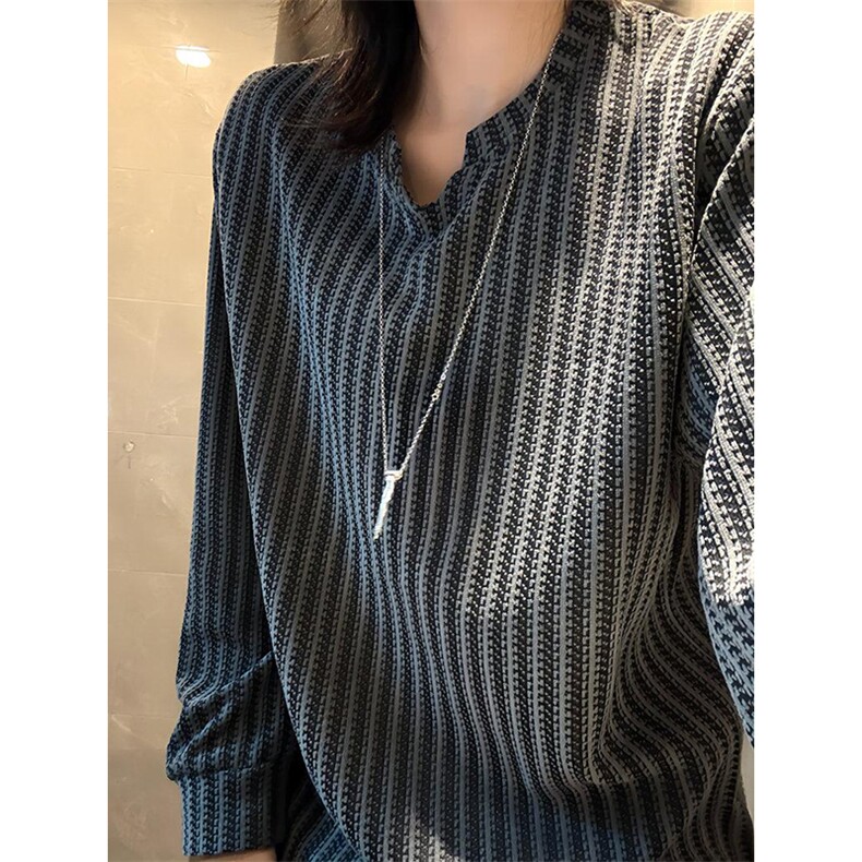美式高街千鸟格子长袖T恤男女亨利V领英伦雅痞休闲宽松长袖打底衫,男装T恤,电商A443