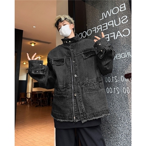 美式复古毛边牛仔外套男春秋款潮牌毛边夹克图片