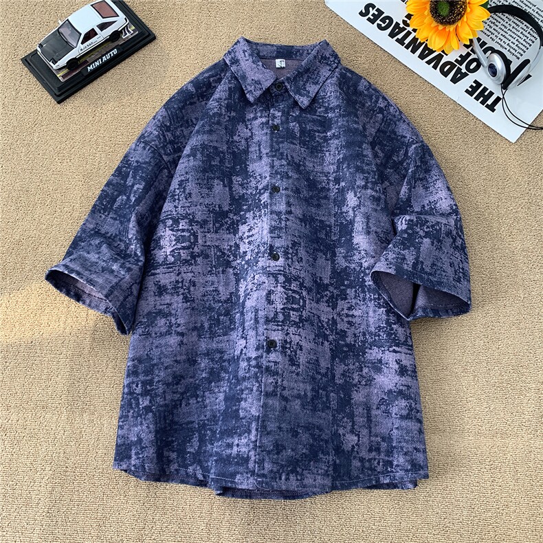 紫色厚款牛仔衬衫男五分短袖衬衣KD582-P65图片