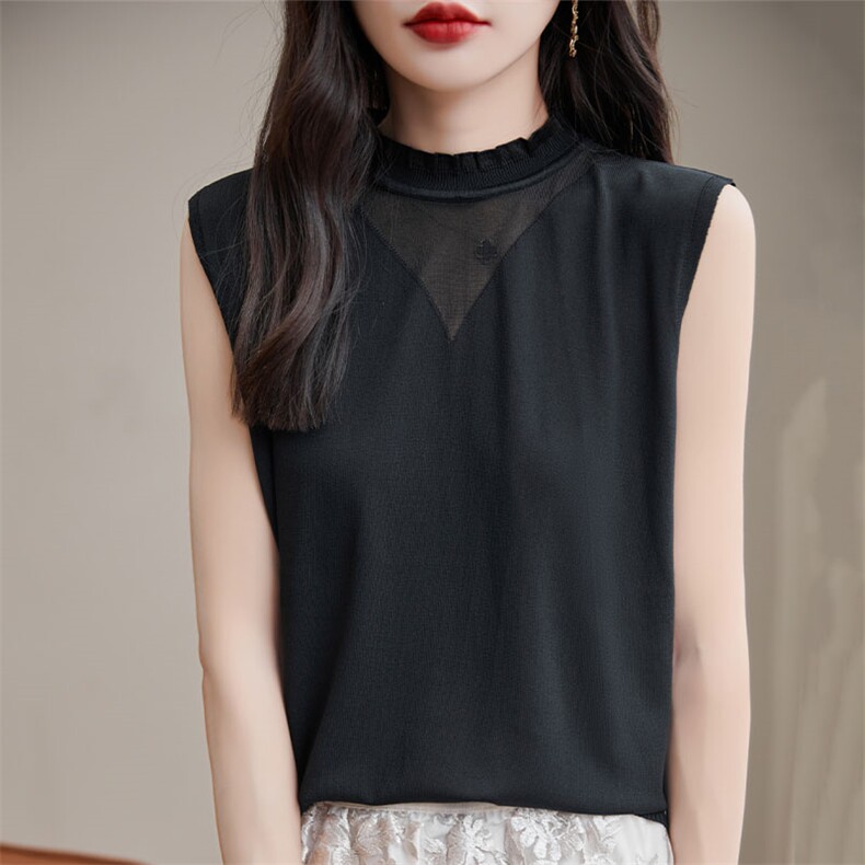 细腻质感蕾丝吊带背心女夏外穿显瘦荷领针织衫无袖内搭打底上衣，女装背心吊带，萱芳婷羊绒