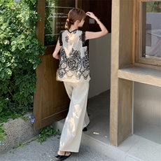 2025夏季法式高级感蕾丝刺绣背心套装女宽松休闲阔腿裤淡人两件套，女装套装/套裙，2C159