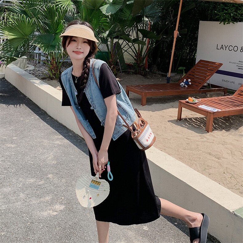 现货－夏季新款新中式牛仔马夹T连衣裙两件套347-P125-K188图片