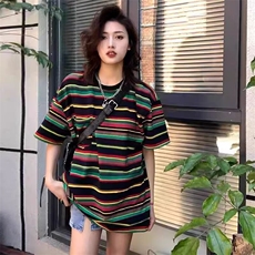 夏季新款港味复古oversize短袖上衣男女五分袖宽松条纹半袖T恤潮，男装T恤，星座506A