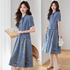 新中式盘扣牛仔套装裙女夏新款气质木耳花边上衣印花半身裙两件套，女装套装/套裙，魅家