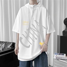 LD54208-P45连帽短袖t恤男大码胖子带帽五分袖中袖，男装T恤，电商A040