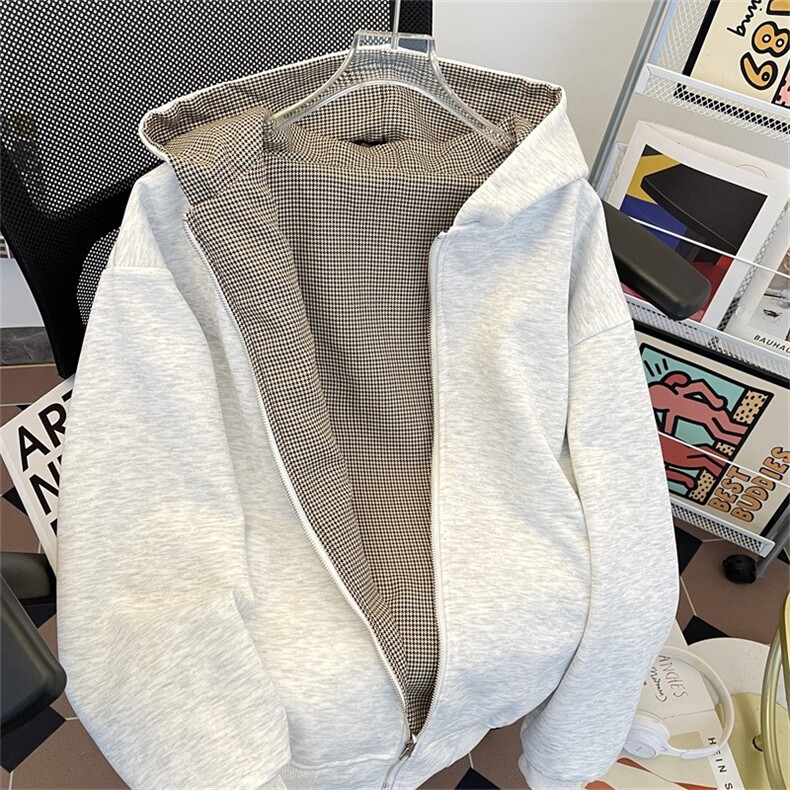 复古千鸟格双面穿格子拉链开衫卫衣cleanfit外套,女装短外套,星座506A