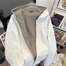 复古千鸟格双面穿格子拉链开衫卫衣cleanfit外套，女装短外套，星座506A