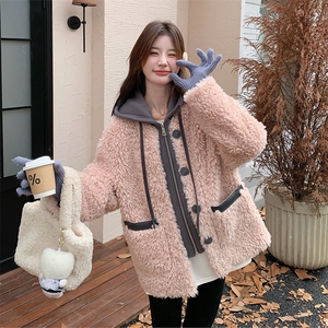 粉色假两件连帽设计感外套女秋冬2025新款奶fufu韩系皮毛一体棉服图片