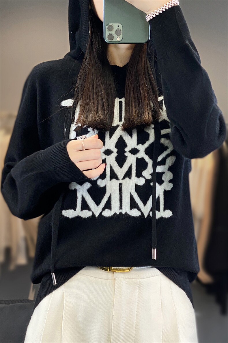 M家连帽卫衣美丽诺羊毛针织衫洋气减龄女秋冬长袖套头字母提花,女装羊毛衫,羊秋羊绒