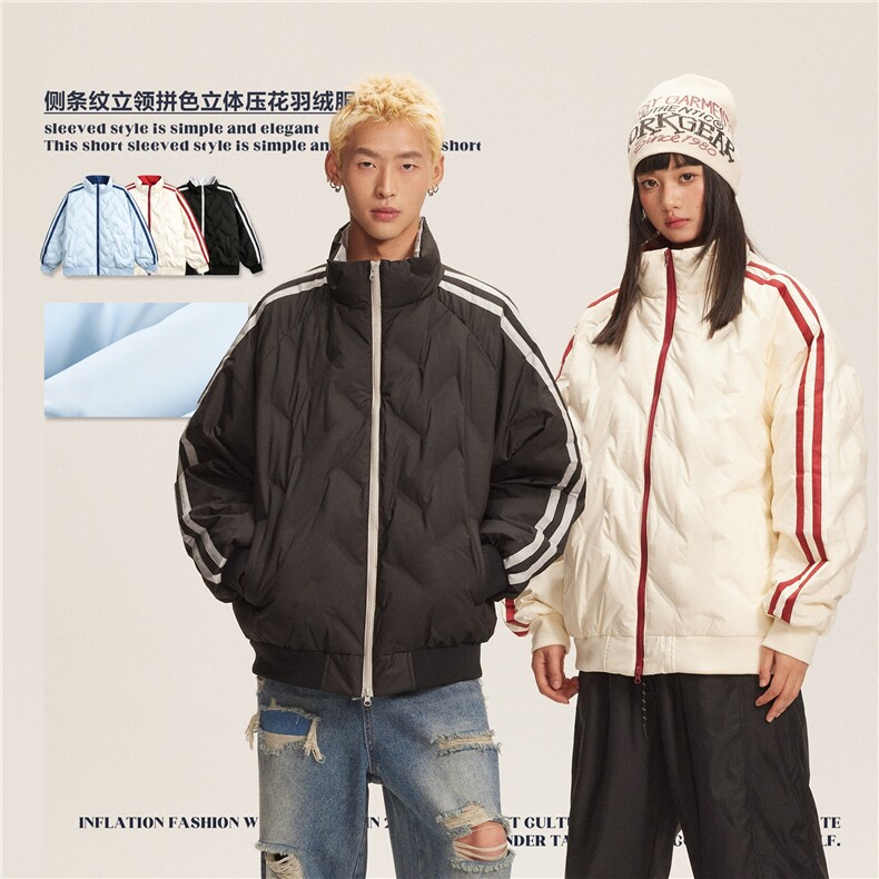 2025冬款侧条纹立领拼色立体压花羽绒服-5670-358，男装羽绒服，电商S012（CATTEE）