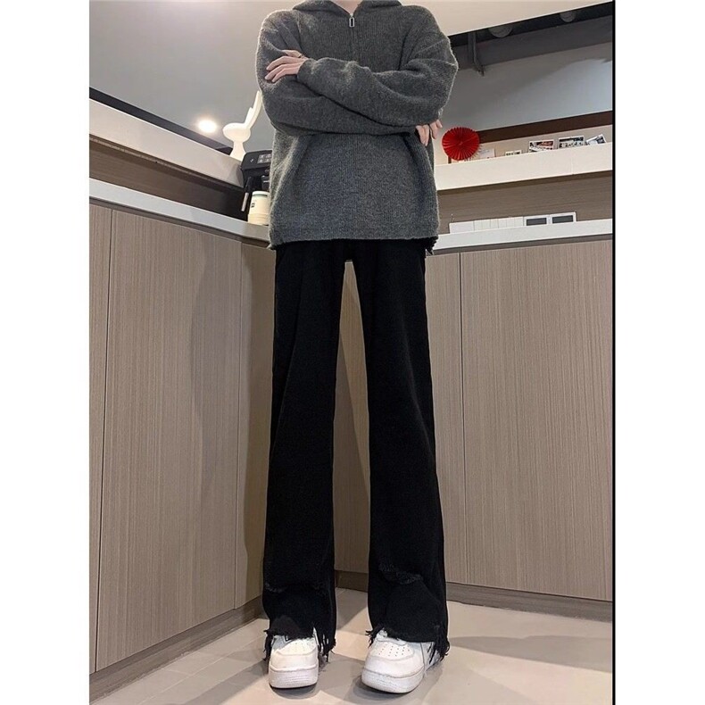 纯黑色微喇牛仔裤毛边破洞修身裤子男痞帅直筒休闲裤HC448P34,男装牛仔裤,星座1112-1