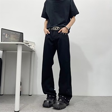 复古柳钉微喇牛仔裤男款夏季美式高街黑色显瘦裤子男1737P43，男装牛仔裤，星座410-2