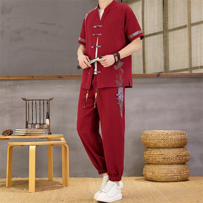 风夏季两件套男士冰丝宽松短袖套装民族男装汉服,男装T恤,星座1206（原A206）