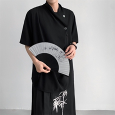 春夏2025现货新中式纯色交领撞色订扣中袖T恤CS29-P60控88，男装T恤，电商A021
