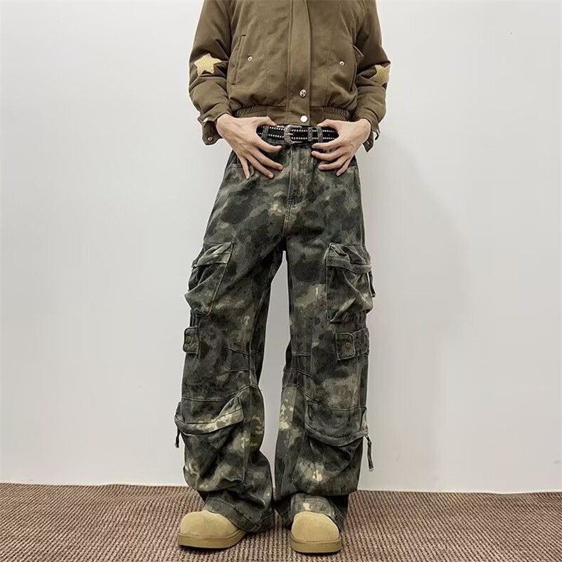 个性口袋迷彩工装休闲裤男女韩版潮流2025秋冬ins长裤K6732-P75，男装工装外套，星座412-3