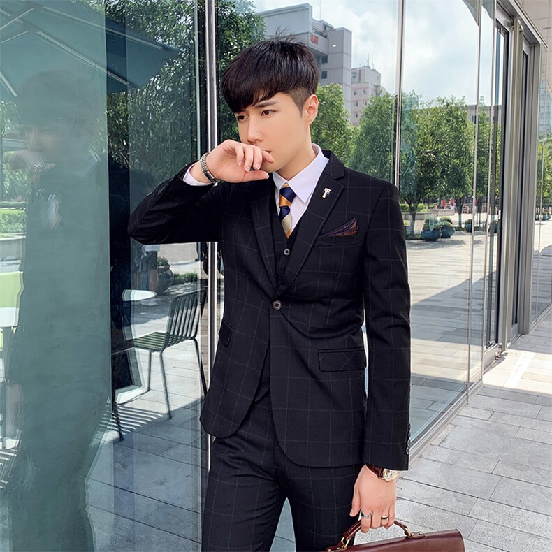 秋冬韩模男英伦西服套装男礼服格子西装三件套A470-TZ15,男装西服套装,电商A207