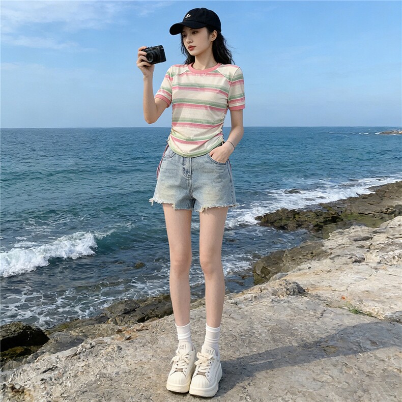 女夏季新款韩版运动休闲套装修身显瘦圆领条纹短袖牛仔短裤两件套，女装套装/套裙，江南