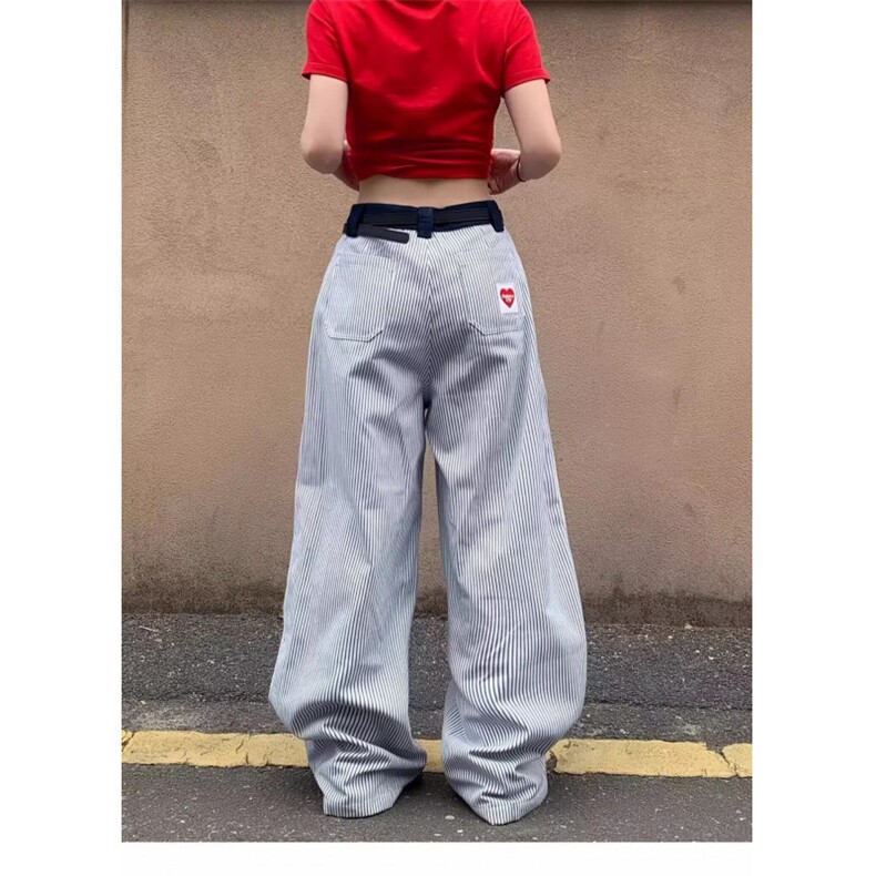 美式复古爱心刺绣竖条纹休闲裤男女小众宽松休闲阔腿拖地长裤简约,男装休闲裤,星座506A