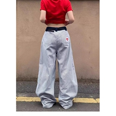 美式复古爱心刺绣竖条纹休闲裤男女小众宽松休闲阔腿拖地长裤简约，男装休闲裤，星座506A