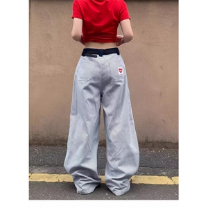 美式复古爱心刺绣竖条纹休闲裤男女小众宽松休闲阔腿拖地长裤简约图片