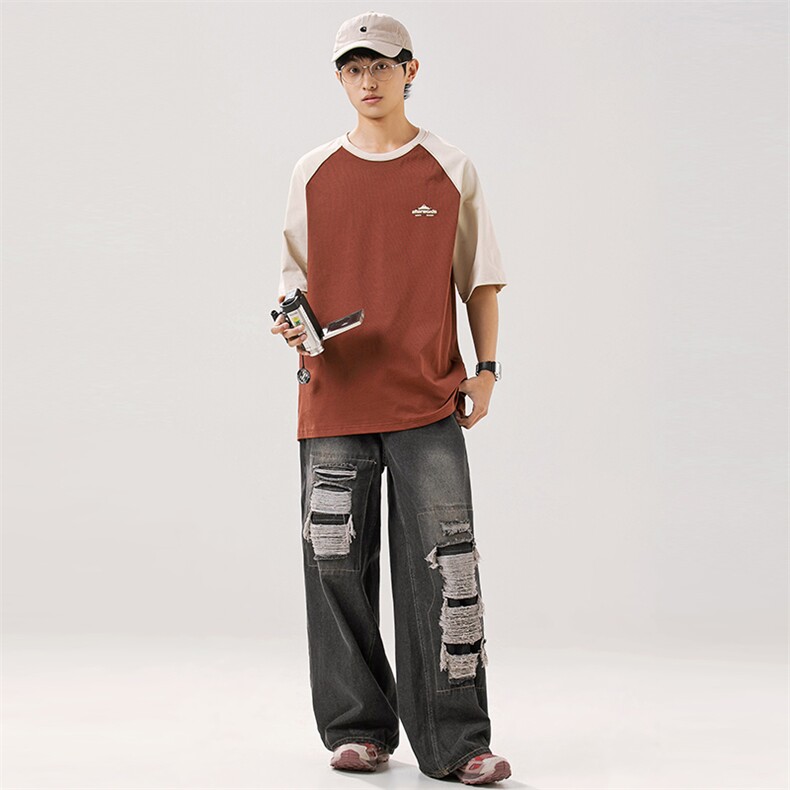2025夏季新款男装日系潮牌纯棉拼接圆领宽松短袖休闲T恤T880-F44,男装T恤,电商A101（原外27）