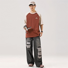 2025夏季新款男装日系潮牌纯棉拼接圆领宽松短袖休闲T恤T880-F44，男装T恤，电商A101（原外27）