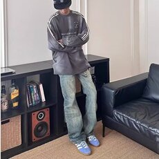 猫须竹节纹水洗蓝色牛仔裤男款休闲百搭宽松直筒微喇长裤NZA263，男装牛仔裤，星座516A