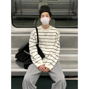 【有货】D629-P50黑白条纹简约针织衫男圆领宽松百搭毛衣长袖男图片