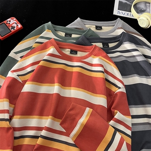 春款港风麂皮绒圆领条纹拼接卫衣男宽松长袖T恤打底衫Y5531 P45图片